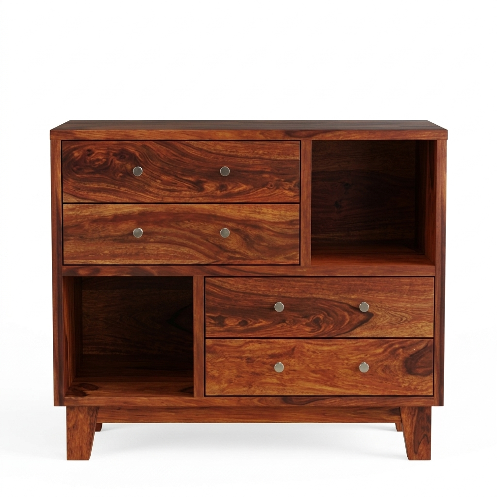 Averra Wooden Storage Chest of Drawers & Open Shelf | Modern Organizer Unit