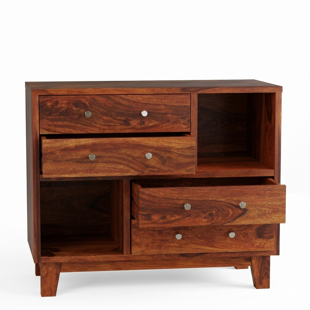 Averra Wooden Storage Chest of Drawers & Open Shelf | Modern Organizer Unit