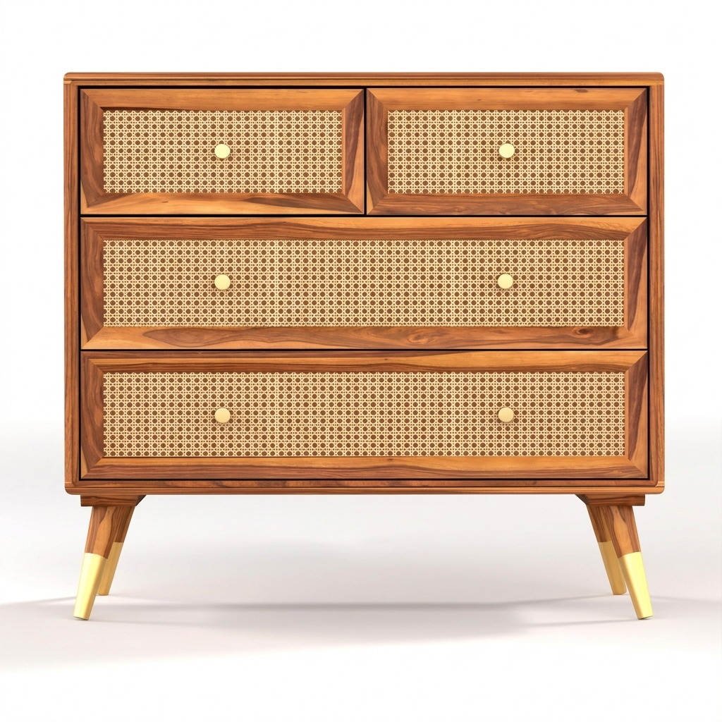 Averra Rattan Wooden Chest of Drawers | Modern Rattan Storage Cabinet with 4 Drawer Design