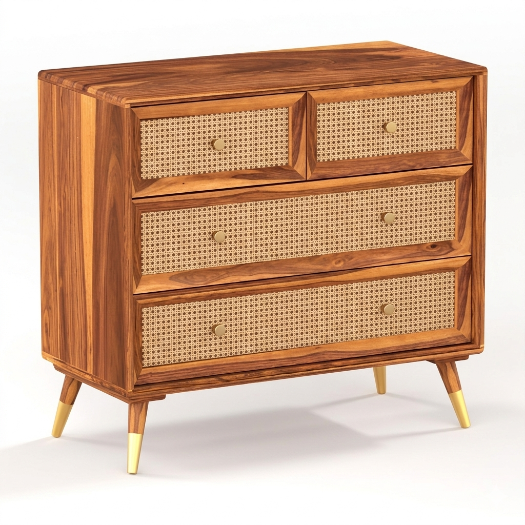 Averra Rattan Wooden Chest of Drawers | Modern Rattan Storage Cabinet with 4 Drawer Design