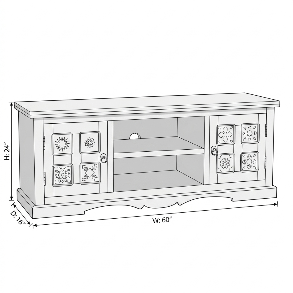 Averra Artisan Tile TV Unit | Solid Wood Media Console with Handcrafted Decorative Panels