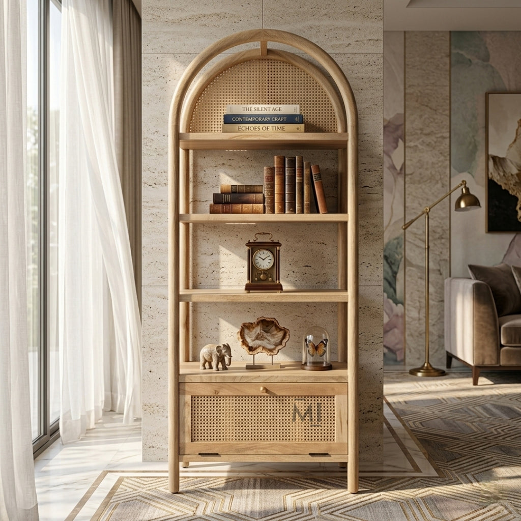modern cane display shelf with books and decor