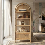 modern cane display shelf with books and decor