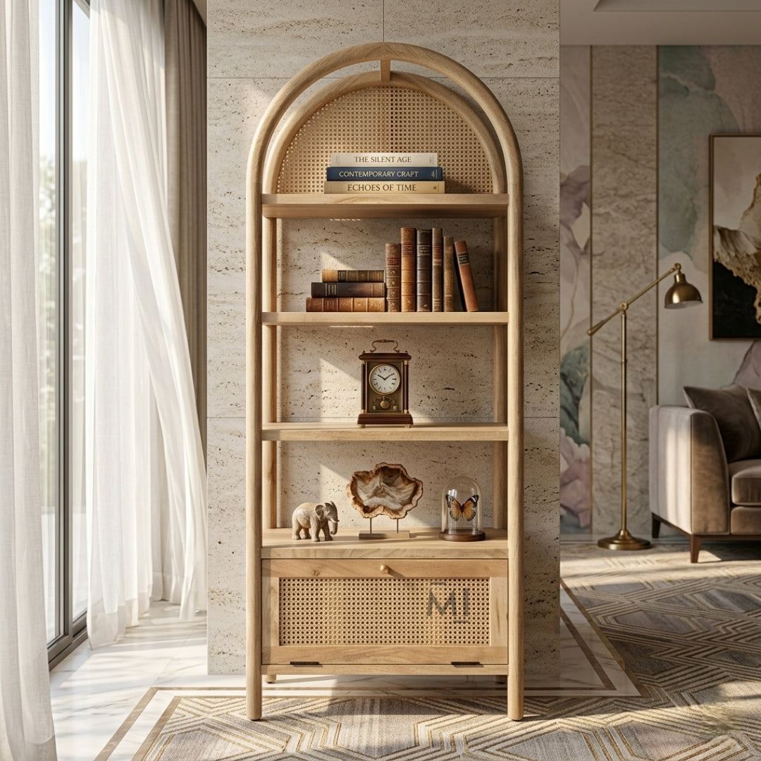 modern cane display shelf with books and decor