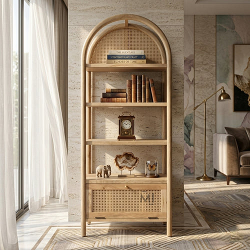 modern cane display shelf with books and decor