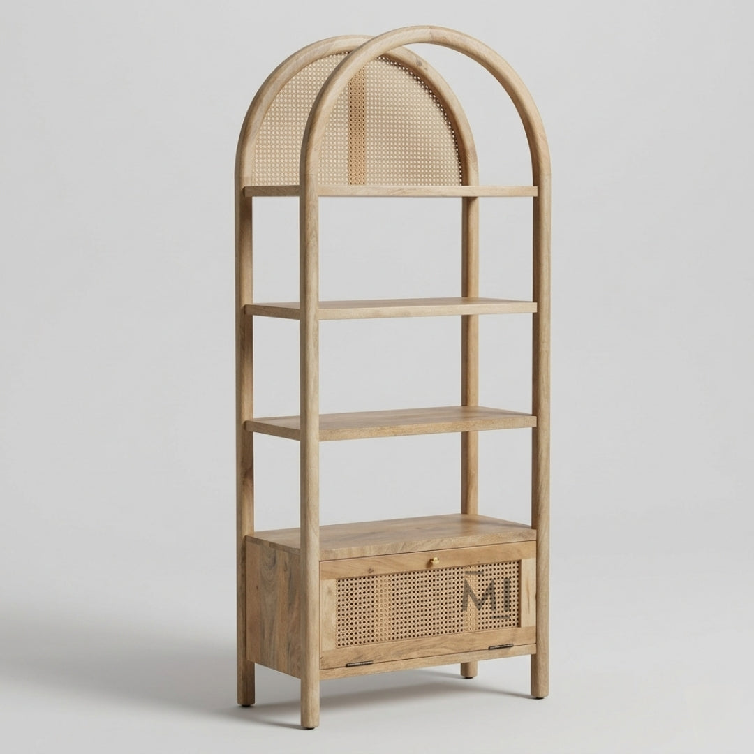wooden arch shelf with cane storage cabinet