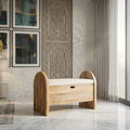 Modern solid wood storage bench with sculptural carved side panels