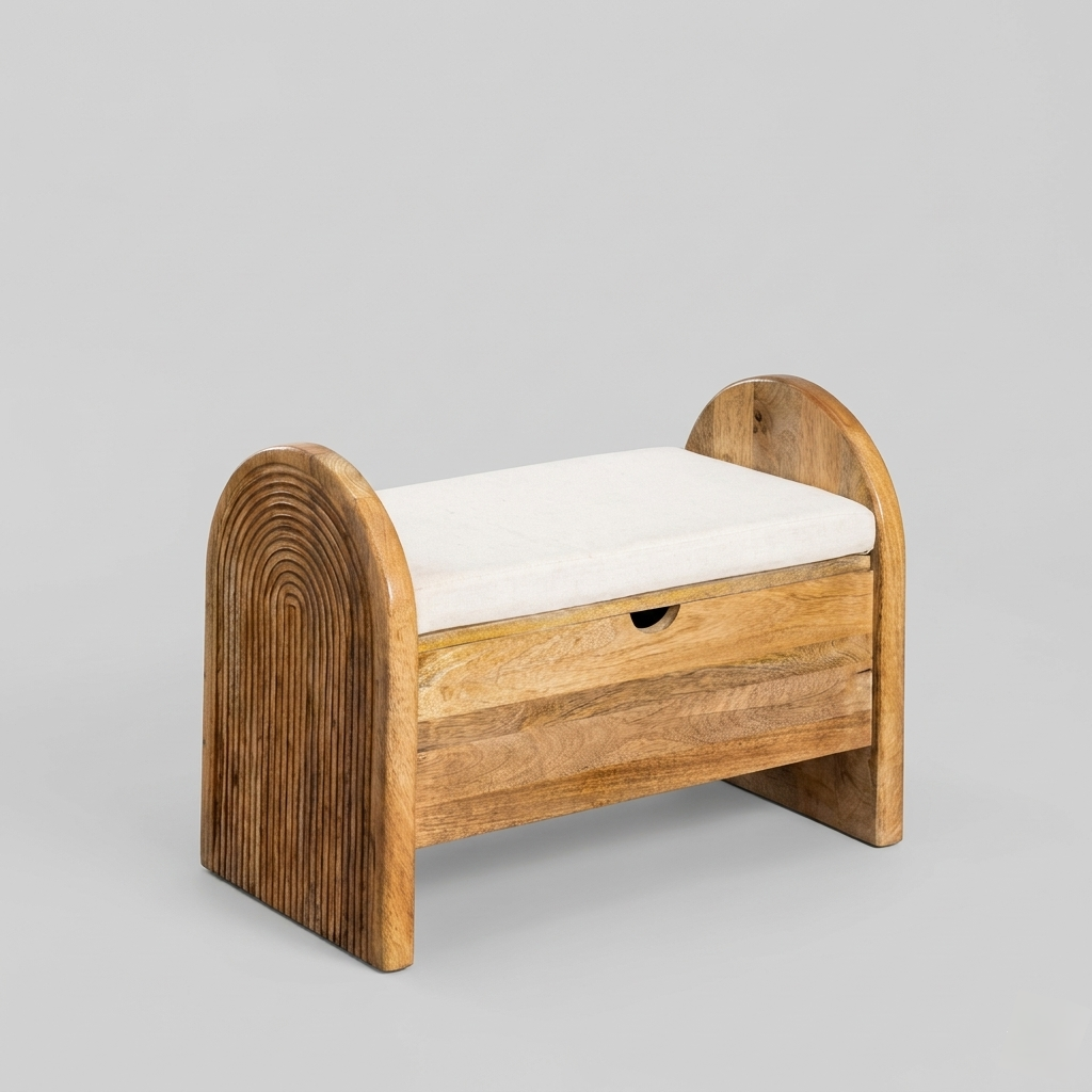 Upholstered wooden bench with hidden storage compartment