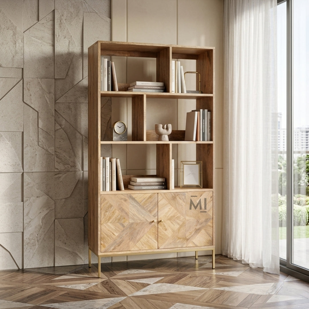 Wooden bookshelf with decorative items against a stone wall
