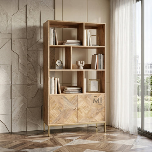 Wooden bookshelf with decorative items against a stone wall