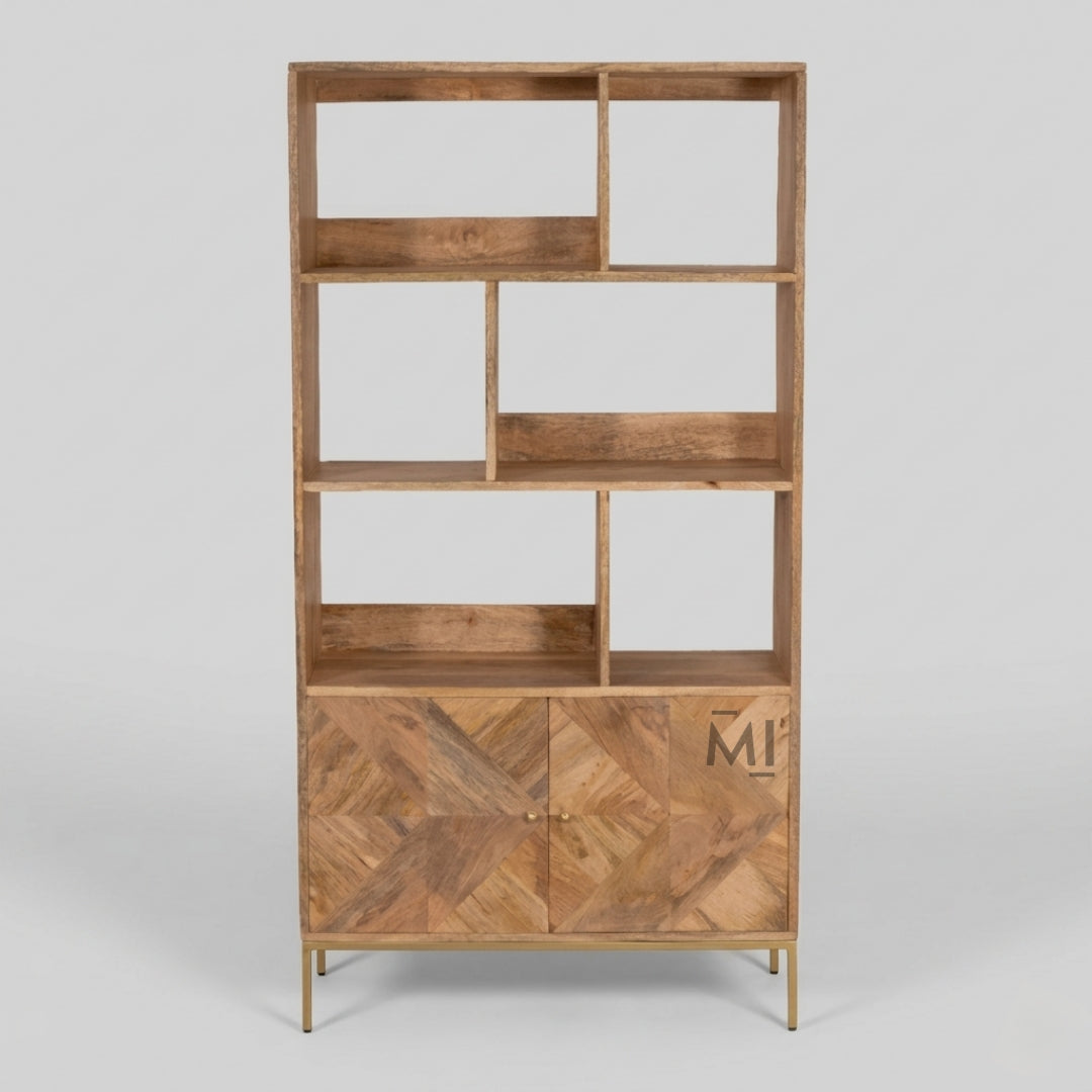 Wooden bookshelf with geometric design on a gray background