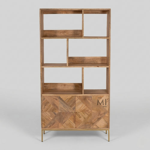 Wooden bookshelf with geometric design on a gray background