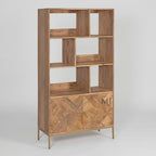 Wooden bookshelf with geometric design on a light gray background