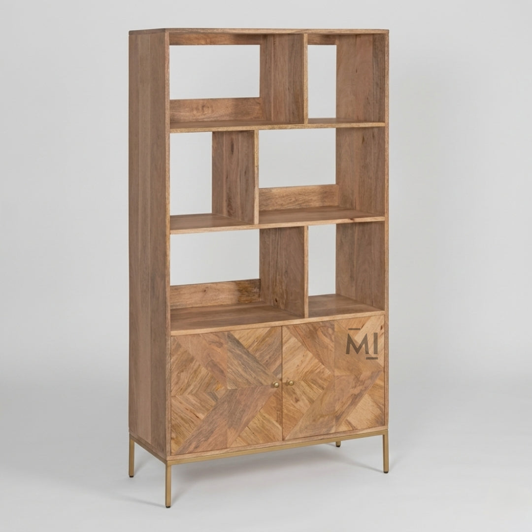 Wooden bookshelf with geometric design on a light gray background