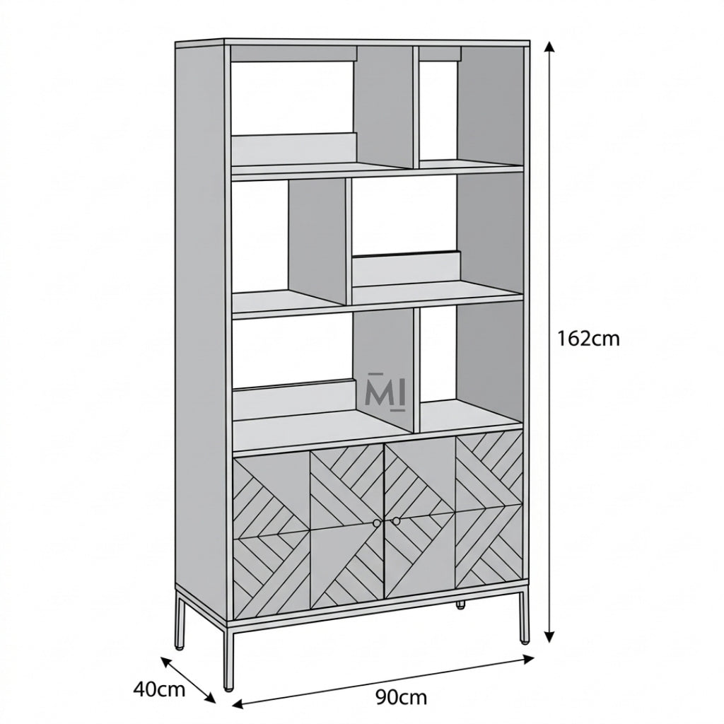 Furniture item with geometric design and dimensions labeled on a white background