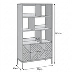 Furniture item with geometric design and dimensions labeled on a white background