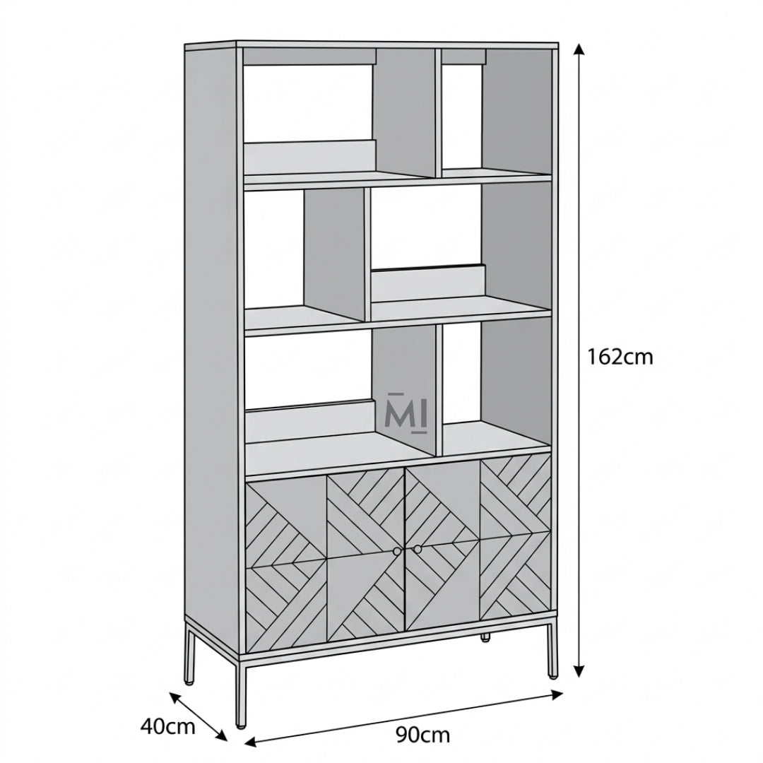 Furniture item with geometric design and dimensions labeled on a white background