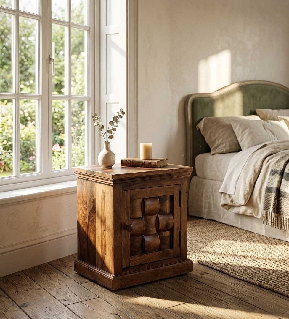 Rustic solid wood bedside cabinet with carved door design beside a modern bedroom bed in walnut finish