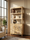 Wooden bookshelf with decorative items in a room with a large window.