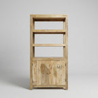 Wooden bookshelf with a door on a gray background