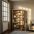Wooden bookshelf in a room with a window, radiator, and armchair.