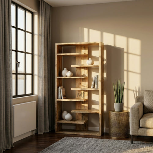 Wooden bookshelf in a room with a window, radiator, and armchair.