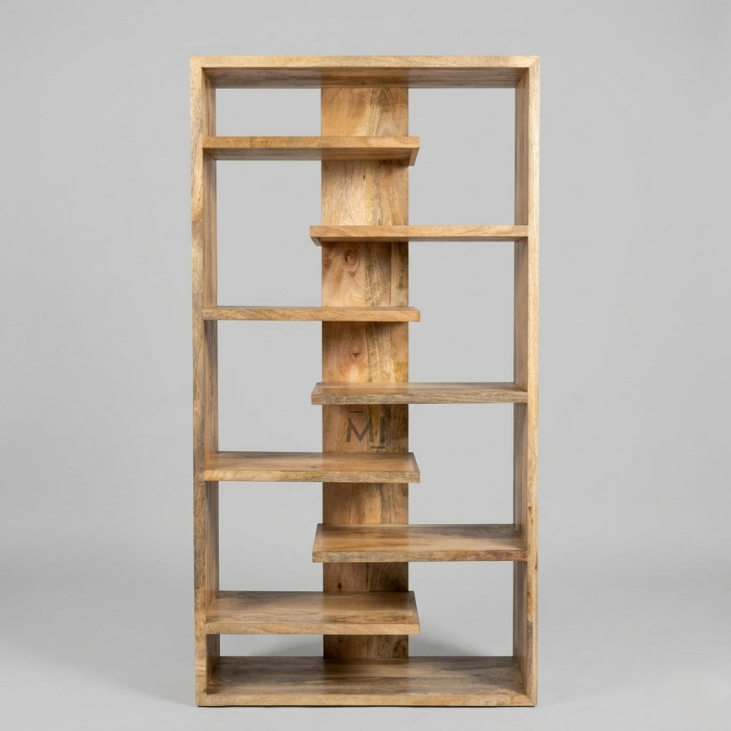 Wooden bookshelf with five shelves on a gray background