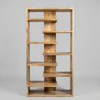 Wooden bookshelf with five shelves on a gray background