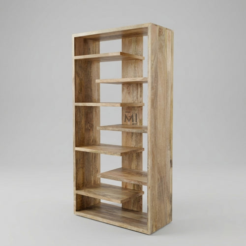 Wooden bookshelf with five shelves on a gray background