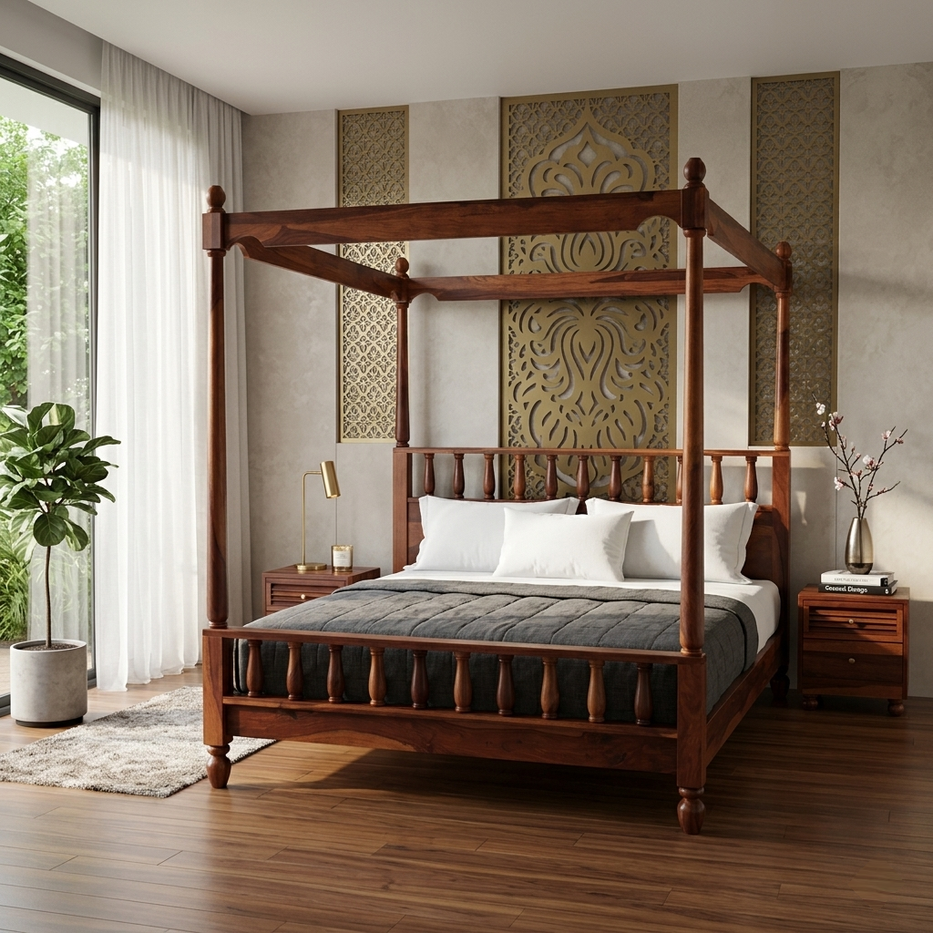 Aurelian four poster bed classic wooden poster bed solid wood India