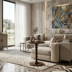 Modern living room with a sectional sofa, coffee table, and decorative artwork.