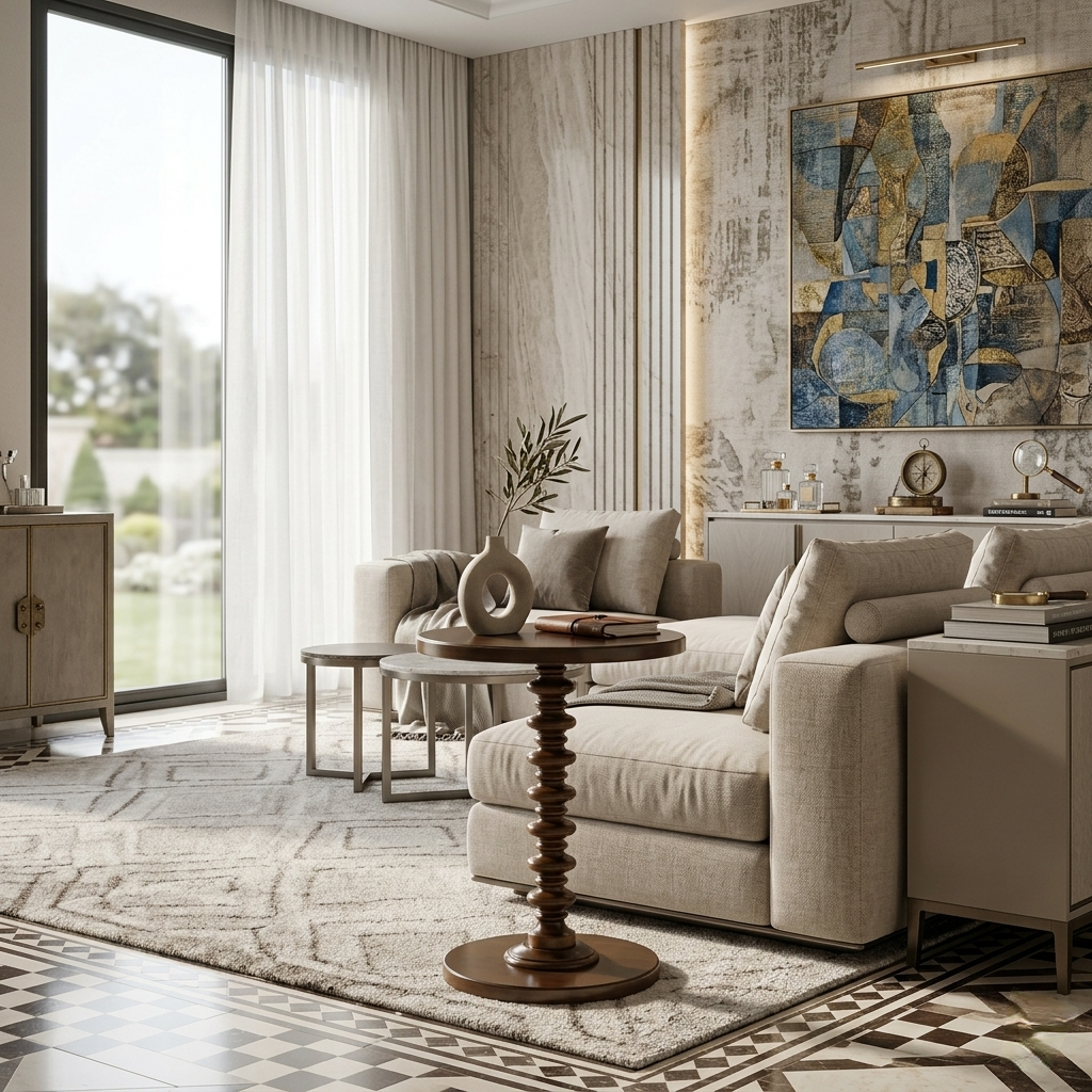 Modern living room with a sectional sofa, coffee table, and decorative artwork.