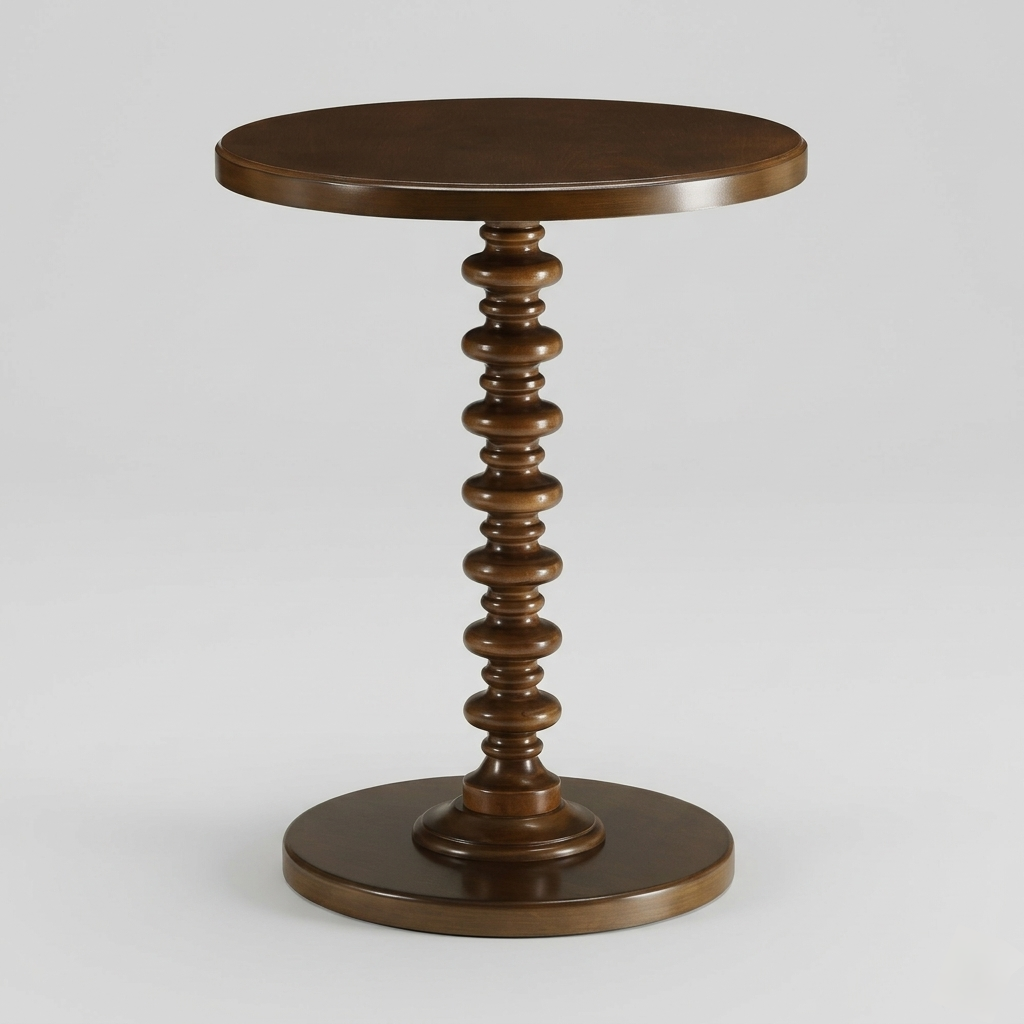 Wooden side table with a spiral pedestal design on a light gray background