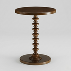 Wooden side table with a spiral pedestal design on a light gray background