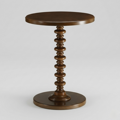 Wooden side table with a spiral pedestal design on a light gray background