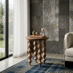 Wooden side table with decorative items in a living room setting