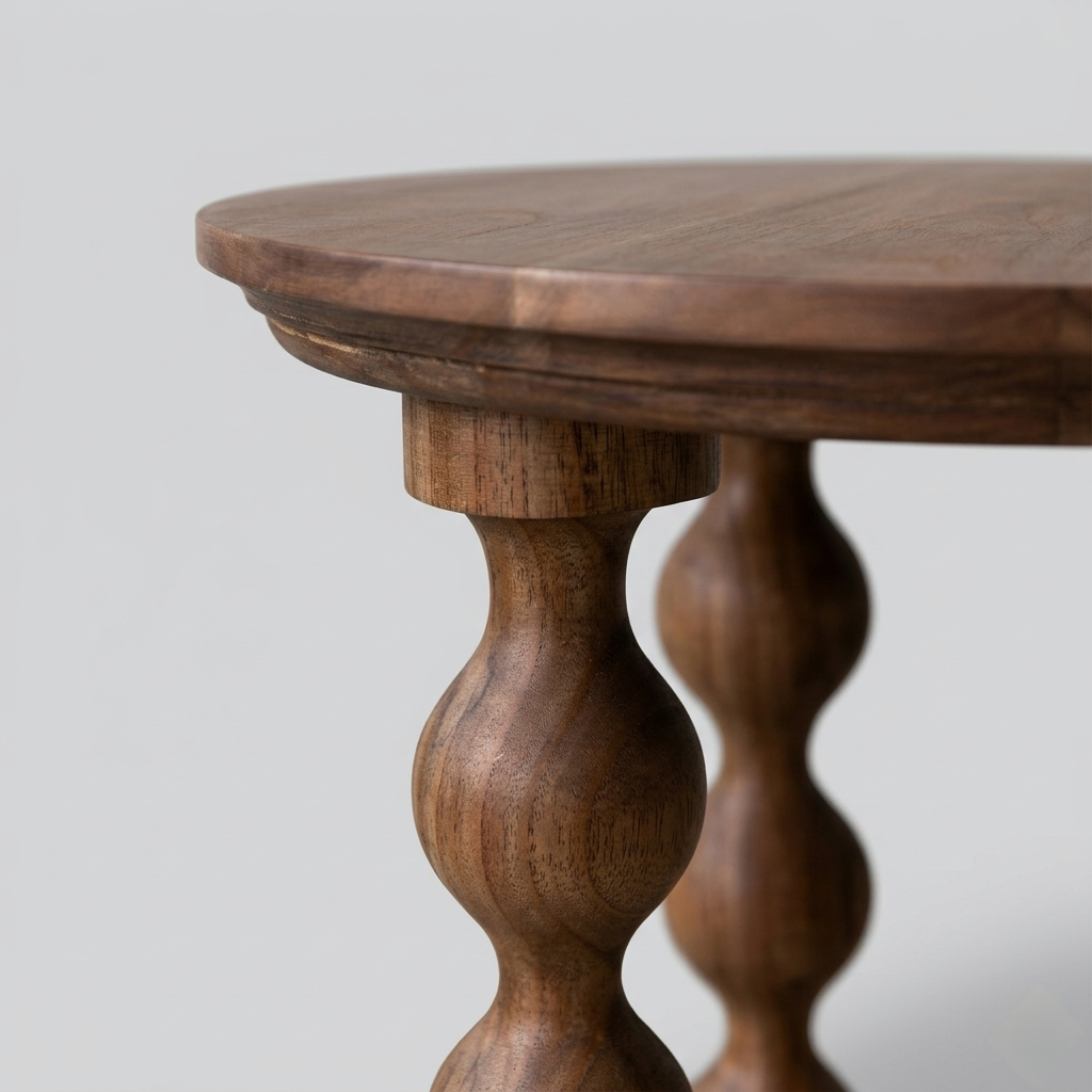 Wooden side table with spiral legs on a plain background