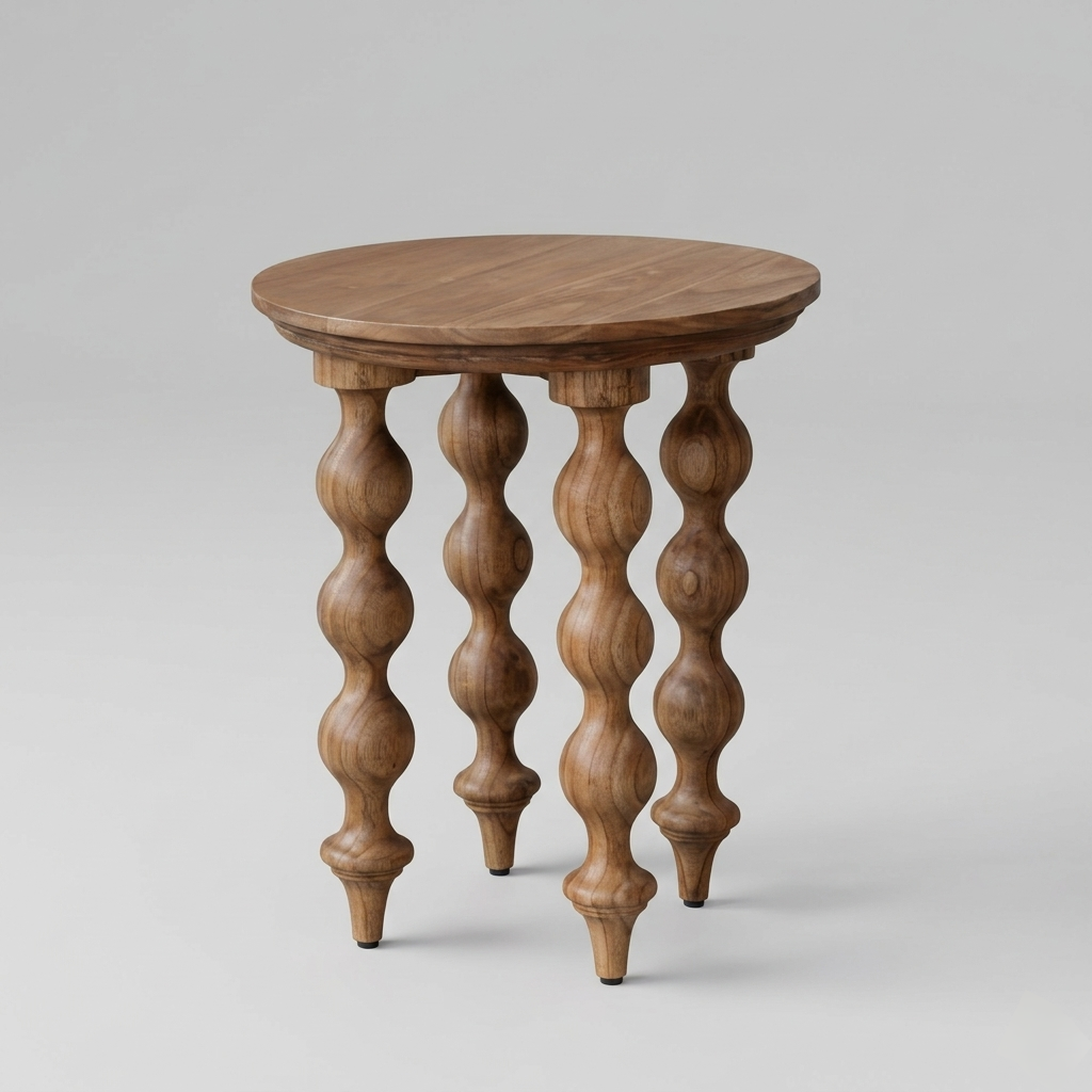 Wooden side table with spiral legs on a gray background