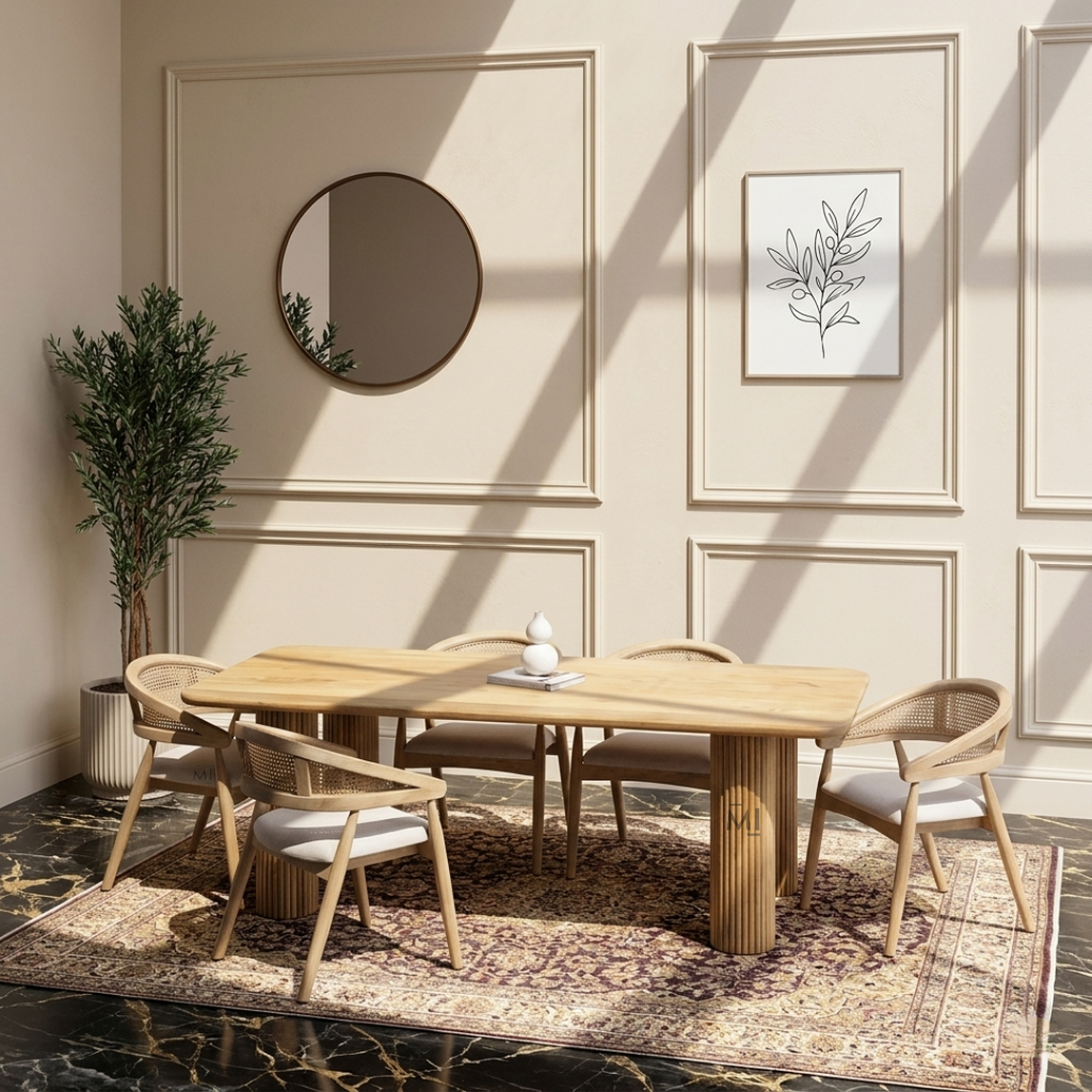 Natural wood cane back arm dining chair with upholstered seat
