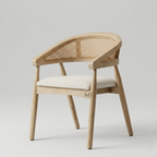 Wooden chair with wicker backrest and white cushion on a light gray background