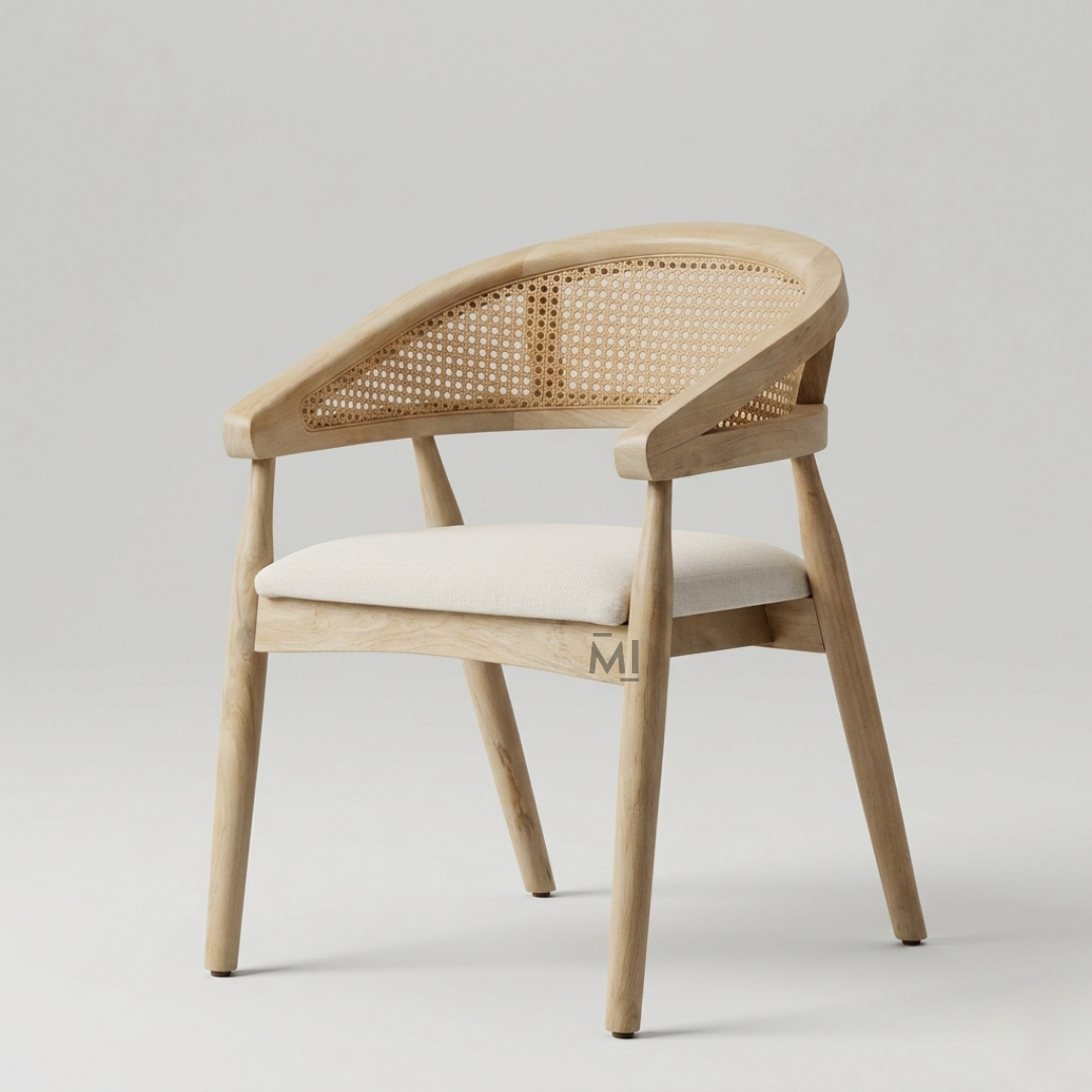 Wooden chair with wicker backrest and white cushion on a light gray background