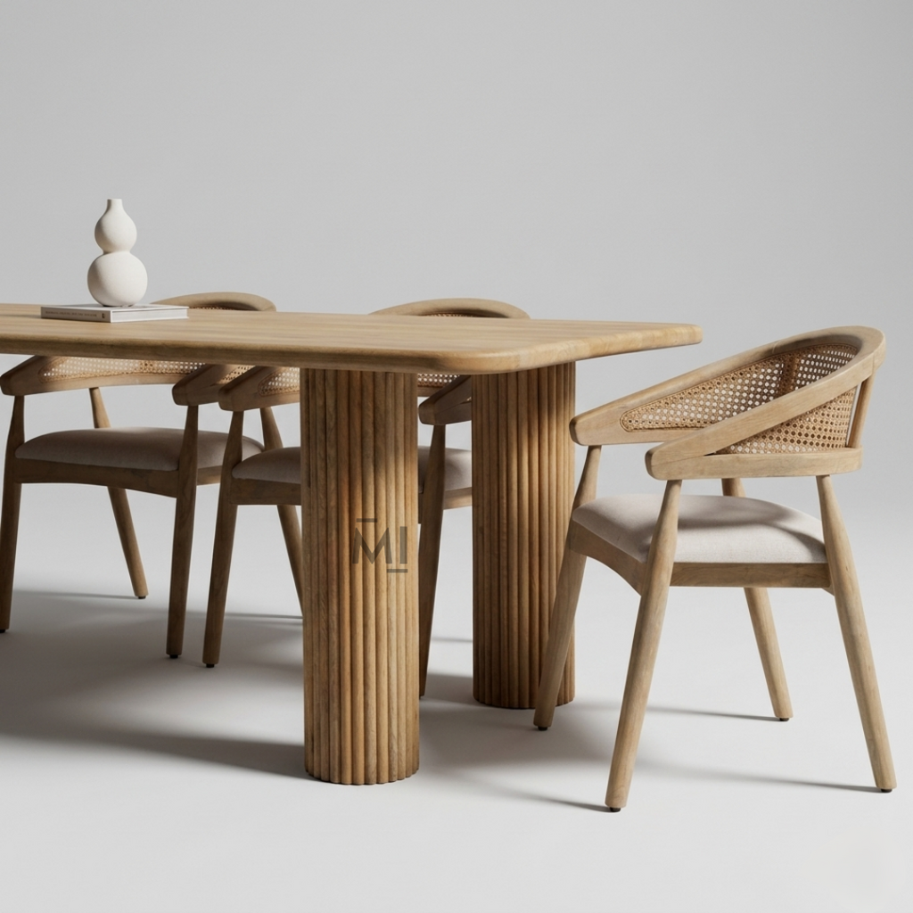 Modern fluted pedestal solid wood dining table