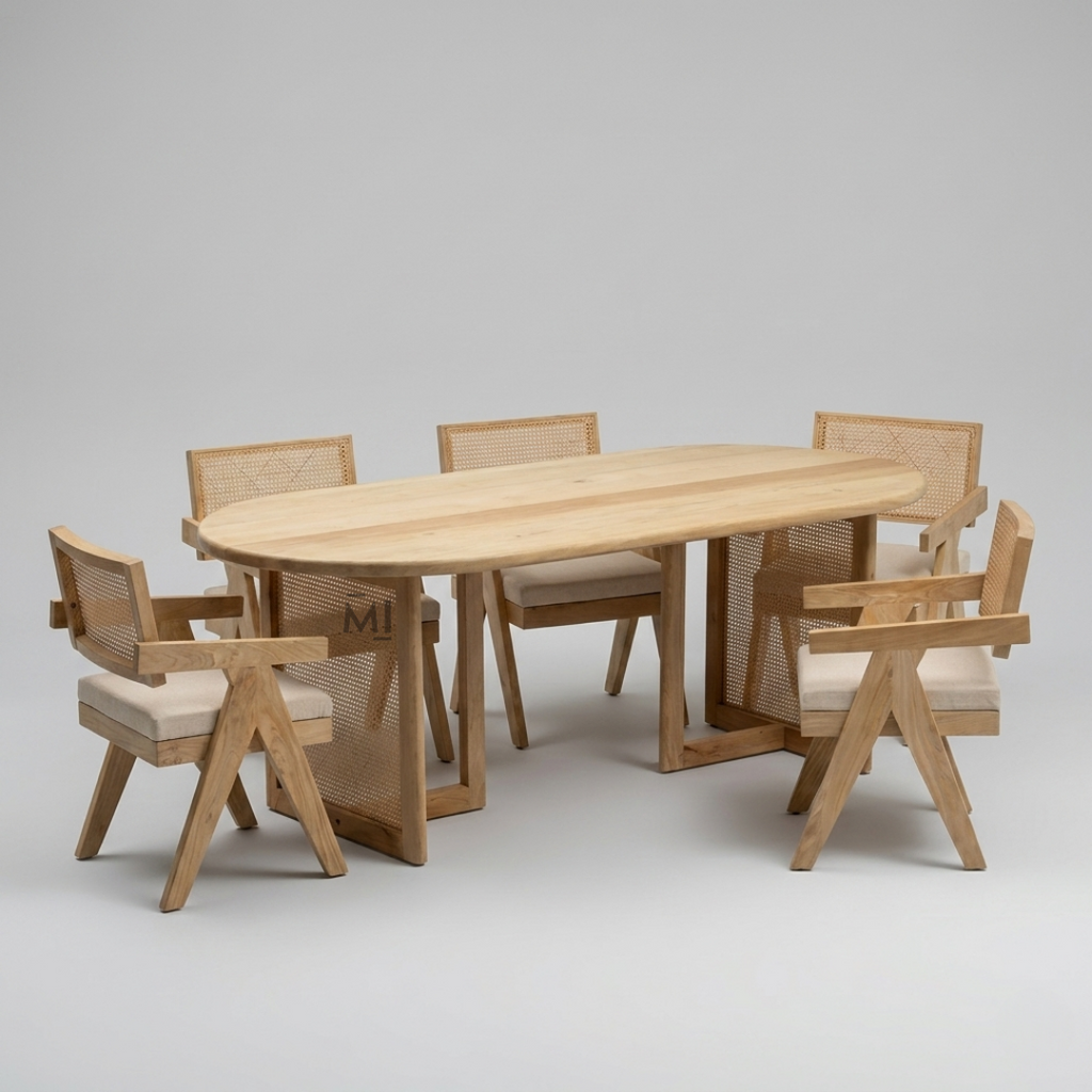 Oval solid wood dining table with woven cane pedestal base