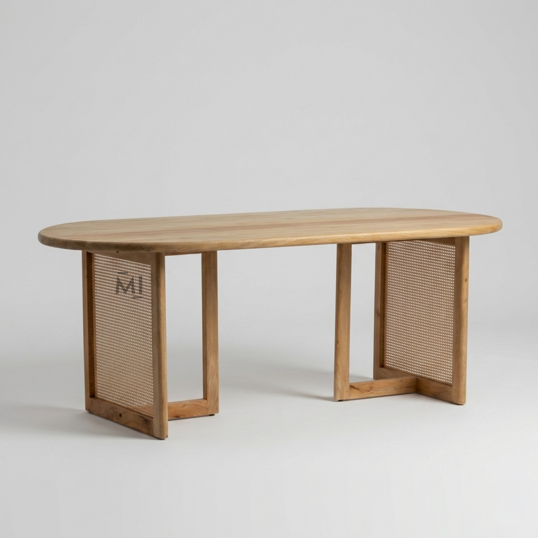 Wooden table with wicker accents