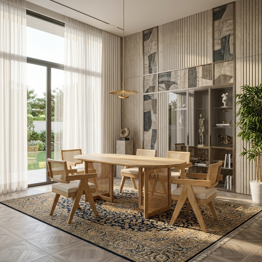 Modern cane dining chair with geometric wooden frame