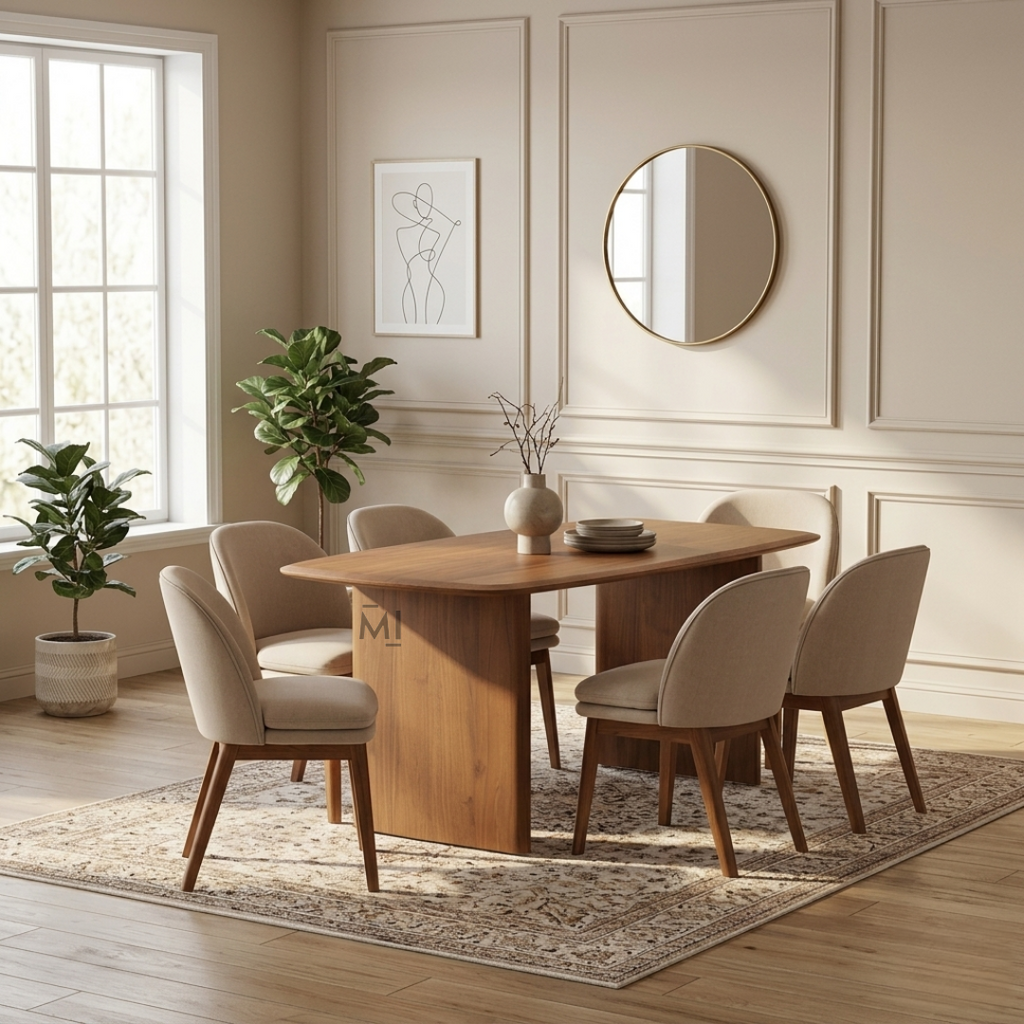 Modern solid wood dining table set with upholstered fabric dining chairs in contemporary walnut finish