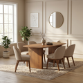Modern solid wood dining table set with upholstered fabric dining chairs in contemporary walnut finish