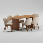 Wooden dining table with six beige chairs on a white background