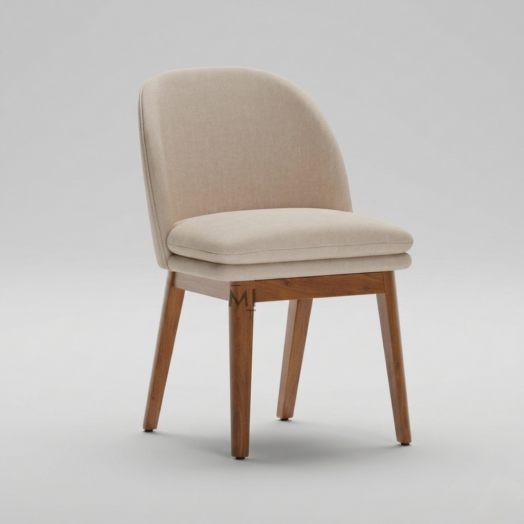 Beige upholstered chair with wooden legs on a light gray background