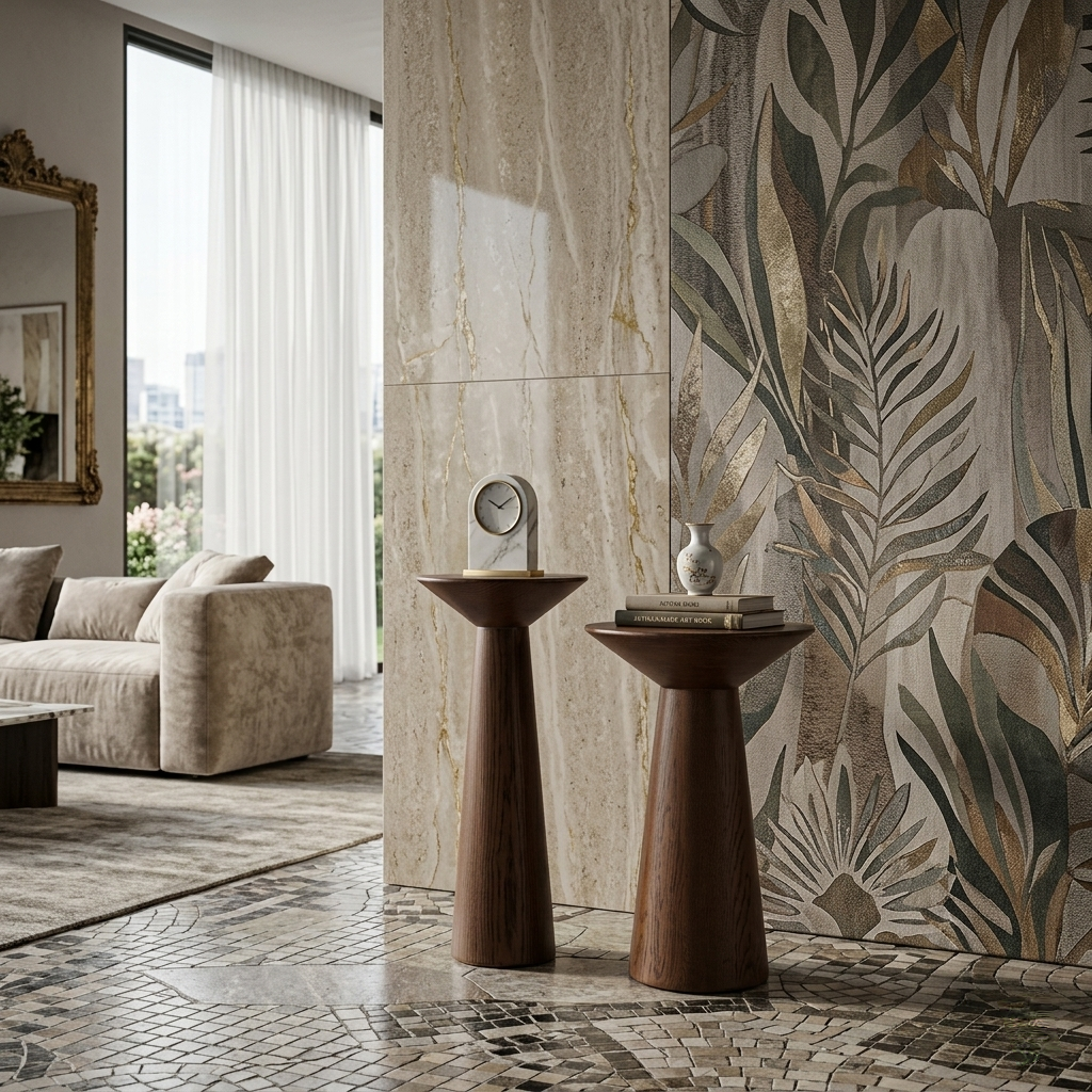Decorative elements in a living room with a patterned wall and wooden stands.